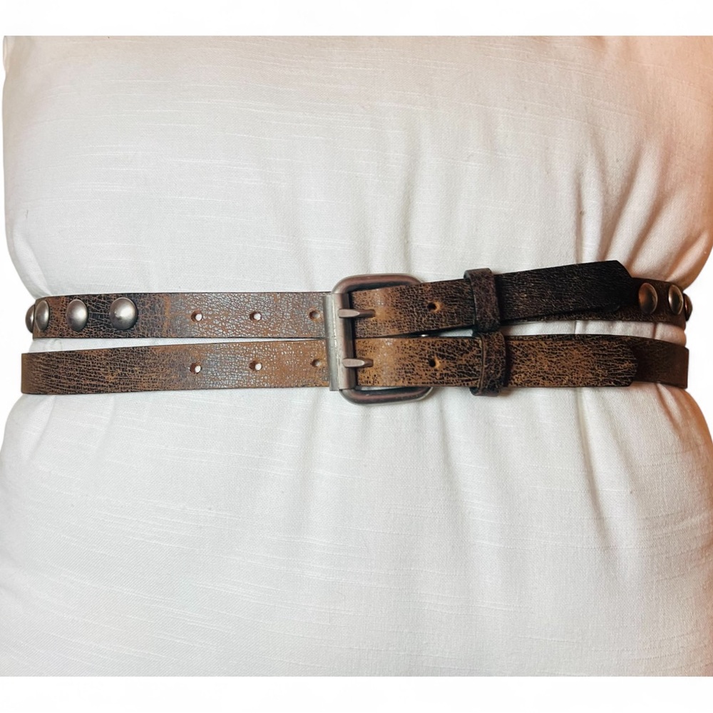VTG Skinny Double Brown Leather Pewter Studded Belt | size S to M | Boho Fashion